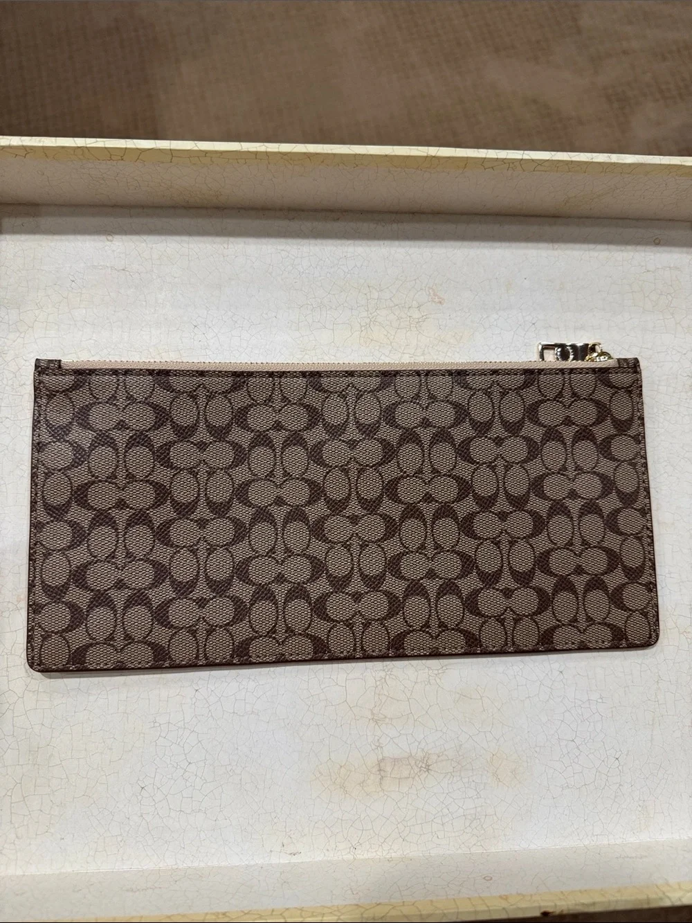 Coach Brown Signature Monogram Long Zip Pouch